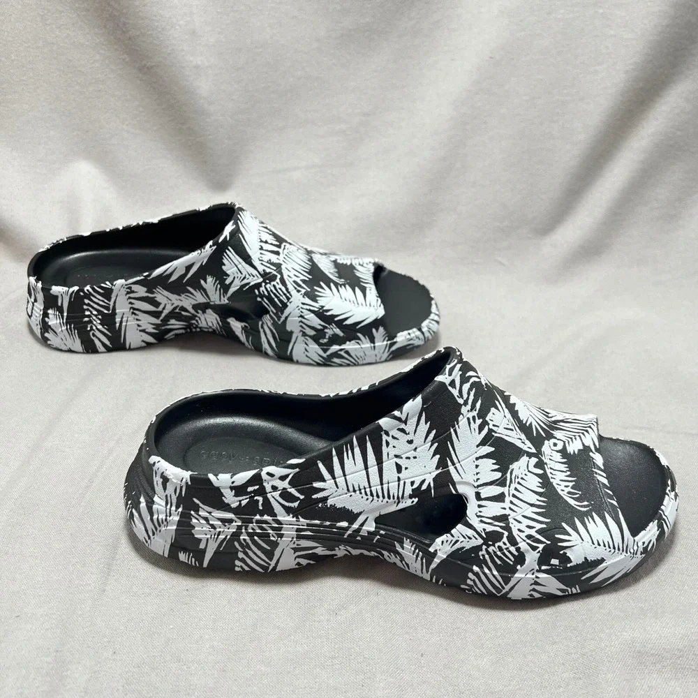 Easy‎ Spirit Tess Slides Comfort Sandals Black White Palm Print Tropical 8M